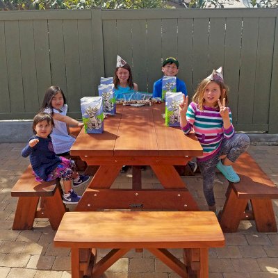 Heritage Large Wooden Picnic Table (Options: 5' L, 34 1/2" W, Side Benches, Unattached Benches, 1 Full Length Side Bench/Side, Forever Style Benches, Standard Tabletop, Slightly Rounded Corners, Standard Leg Flair, No Umbrella Hole, Transparent Premium Sealant). Photo Courtesy of karen phillips of San Diego, California.